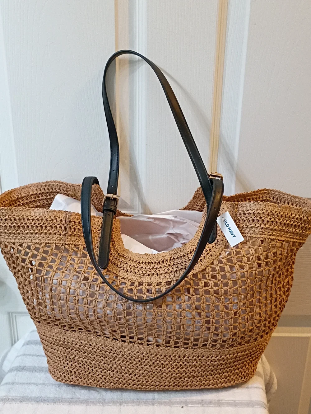 Old Navy Brown Woven Tote with Black Shoulder Straps